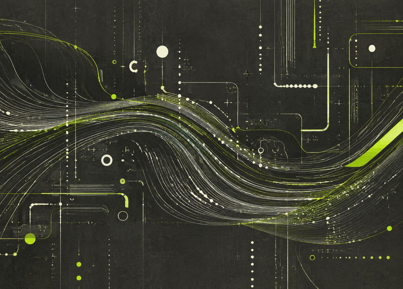 Abstract illustration of flowing data lines and circuit geometry in ivory and lime on graphite