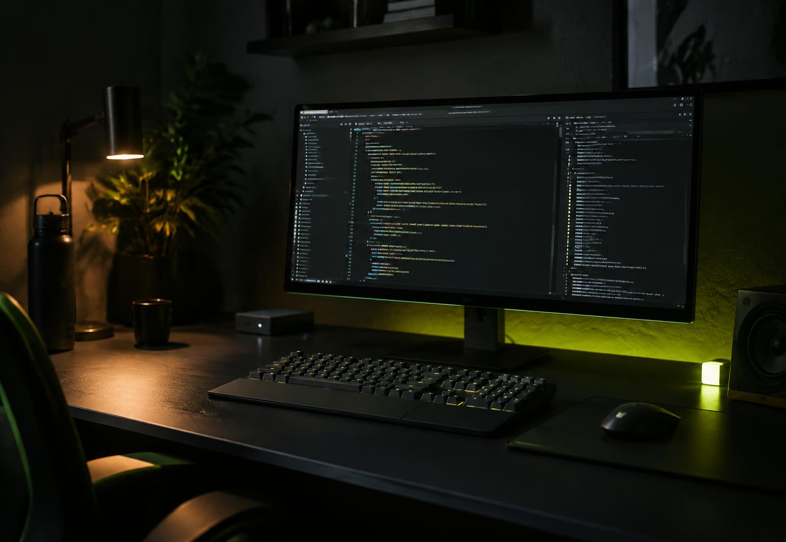 Illustrative photo of a dark developer workstation with source code on a monitor