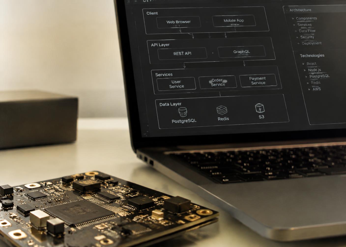 Illustrative photo of a laptop showing a layered software architecture diagram next to a circuit board